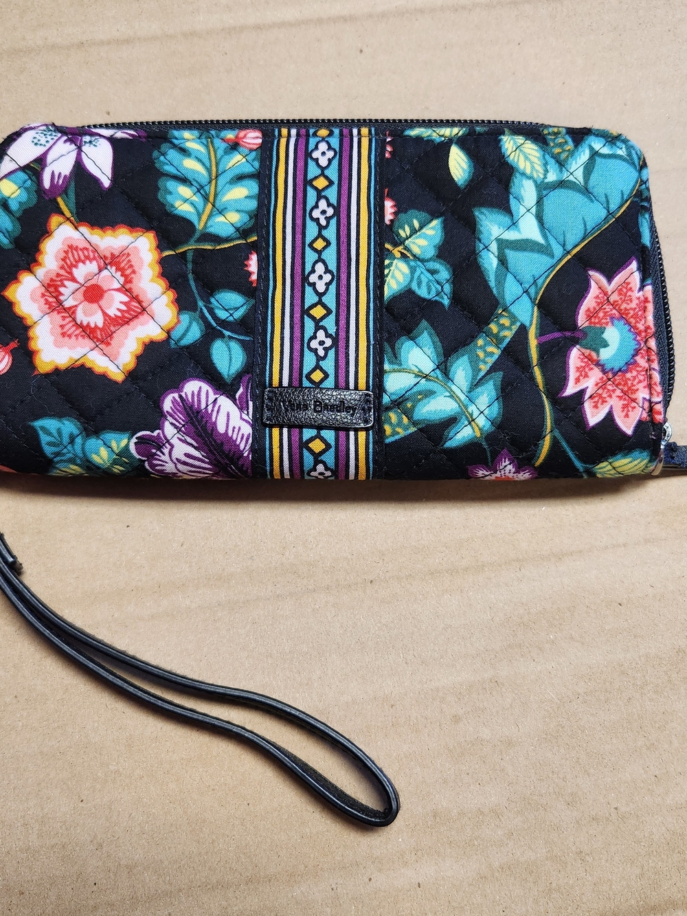Vera Bradley Black Quilted Floral Wristlet with Teal & Pink Accents